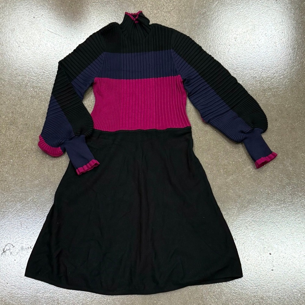 Eliza J Womens Colorblock Ribbed Mock Neck Balloon Sleeve Sweater Dress Large